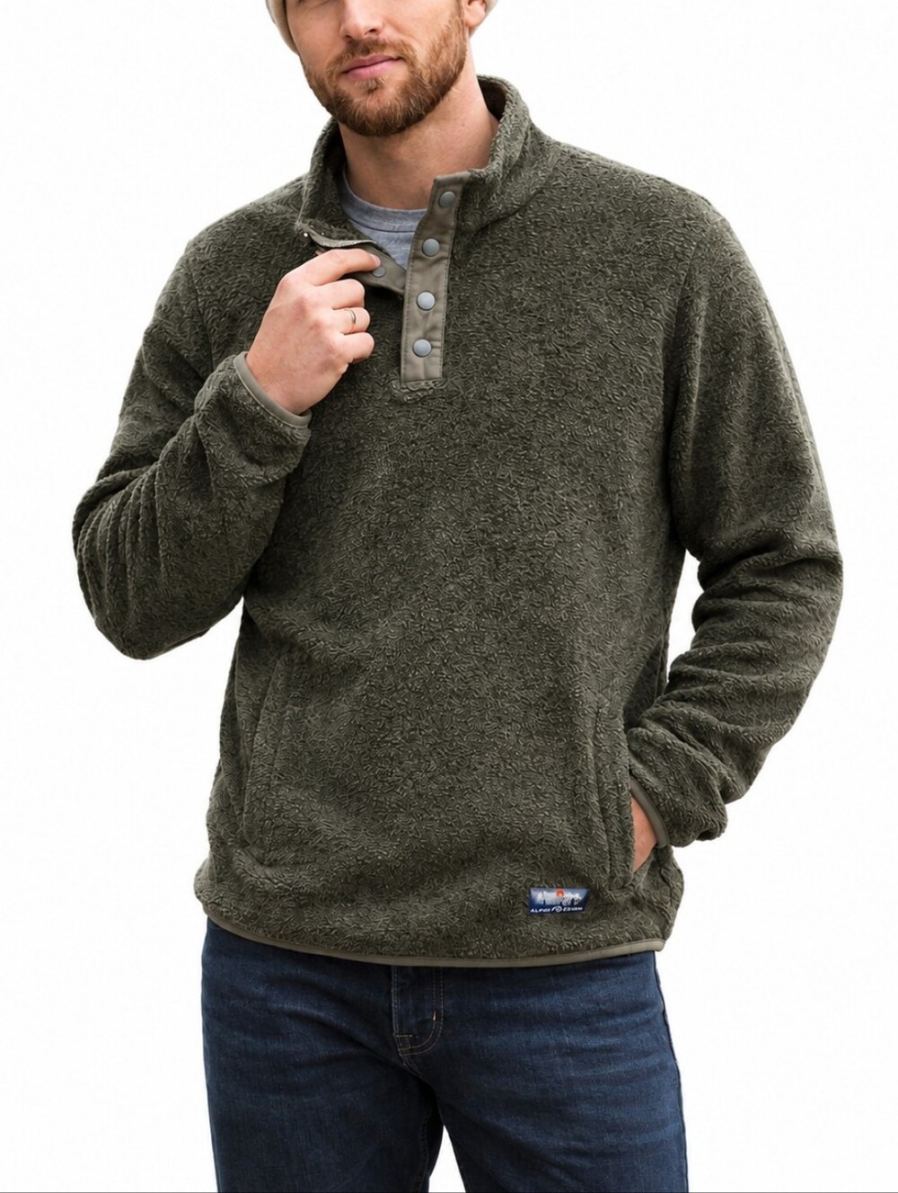 Alpine Design Mens L Fleece Warm Pullover Green Snap Utility Outdoors Hiking